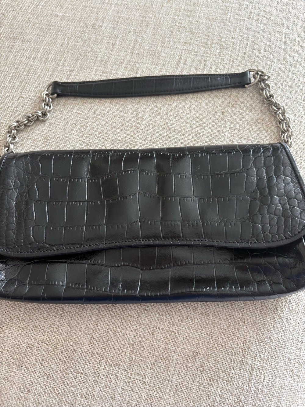 Ann Taylor Black Croc-Embossed Shoulder Short Bag w/Strap Magnetic Closure